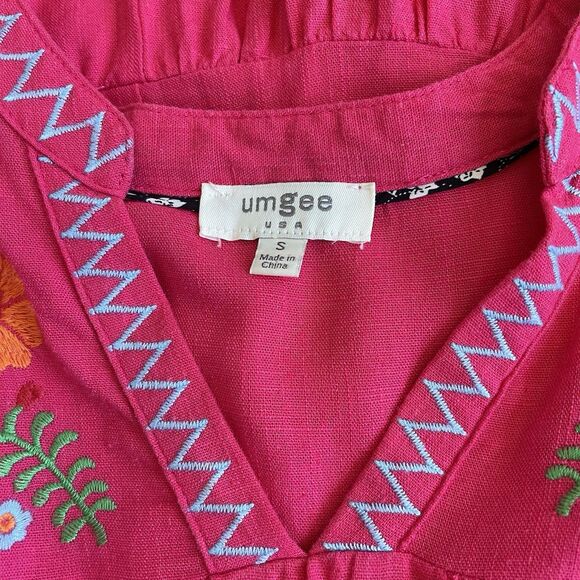 Umgee Floral Embroidered Boho Linen Blend A-line Dress Pom Pom Trim Pink - Small - Picture 8 of 12